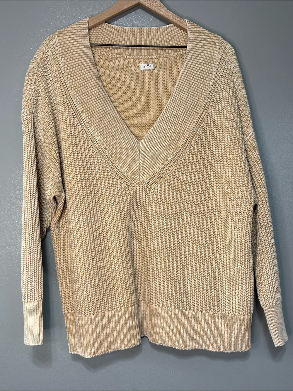 Aerie XL Oversize Deep V Cotton Rib Knit Sweater Beige